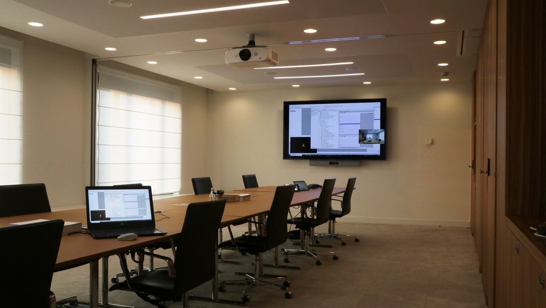Double videoconference meeting room with removable partitions