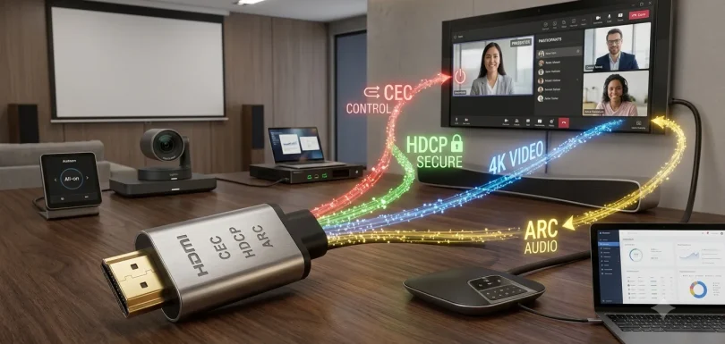 Câble HDMI haute vitesse connecté à une prise murale vidéo pour intégration audiovisuelle professionnelle.