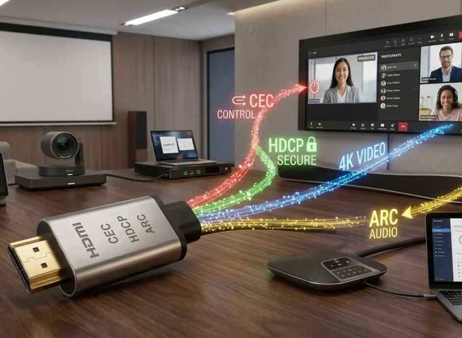 Câble HDMI haute vitesse connecté à une prise murale vidéo pour intégration audiovisuelle professionnelle.
